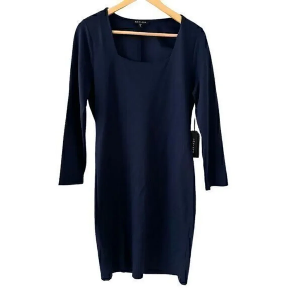 Max + Ash‎ Navy Blue Square Neck 3/4 Sleeve Polyester Bodycon Midi Dress Size M